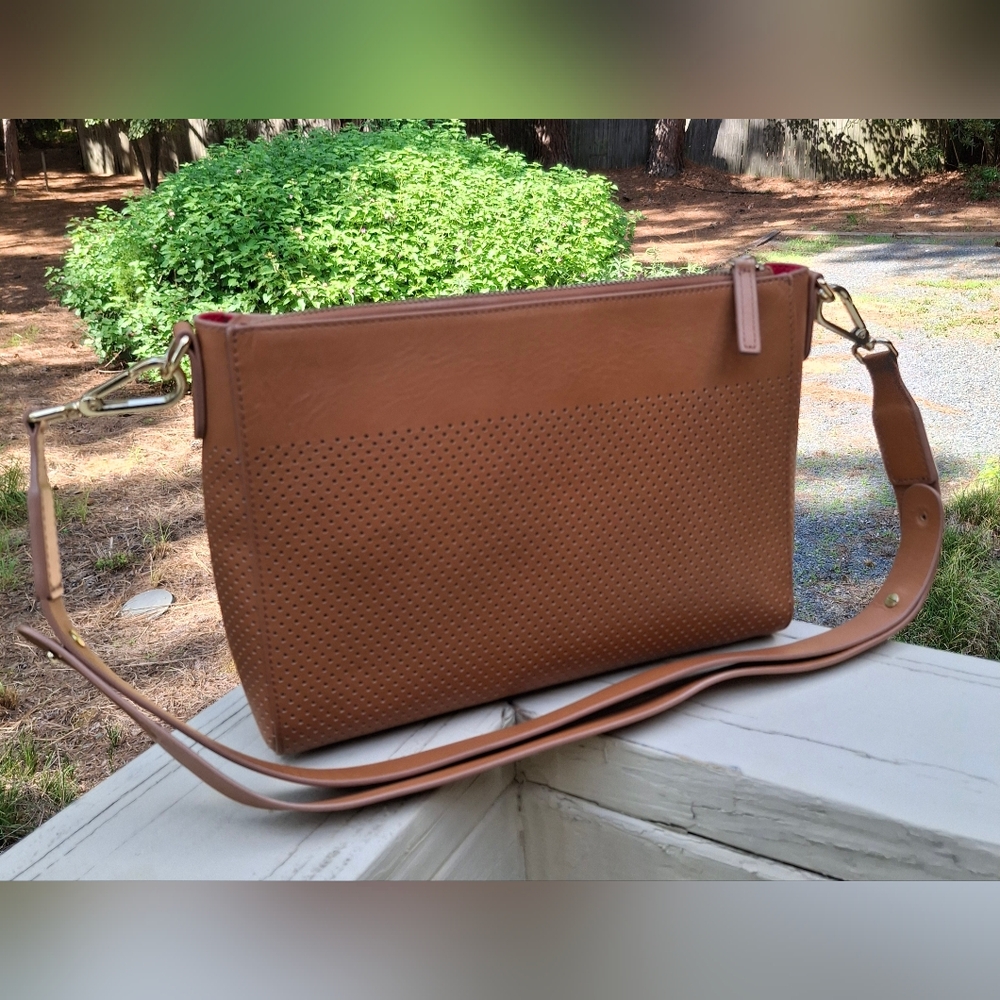 Williams Sonoma Mark & Graham Tan Preforated Leather Shoulder Bag